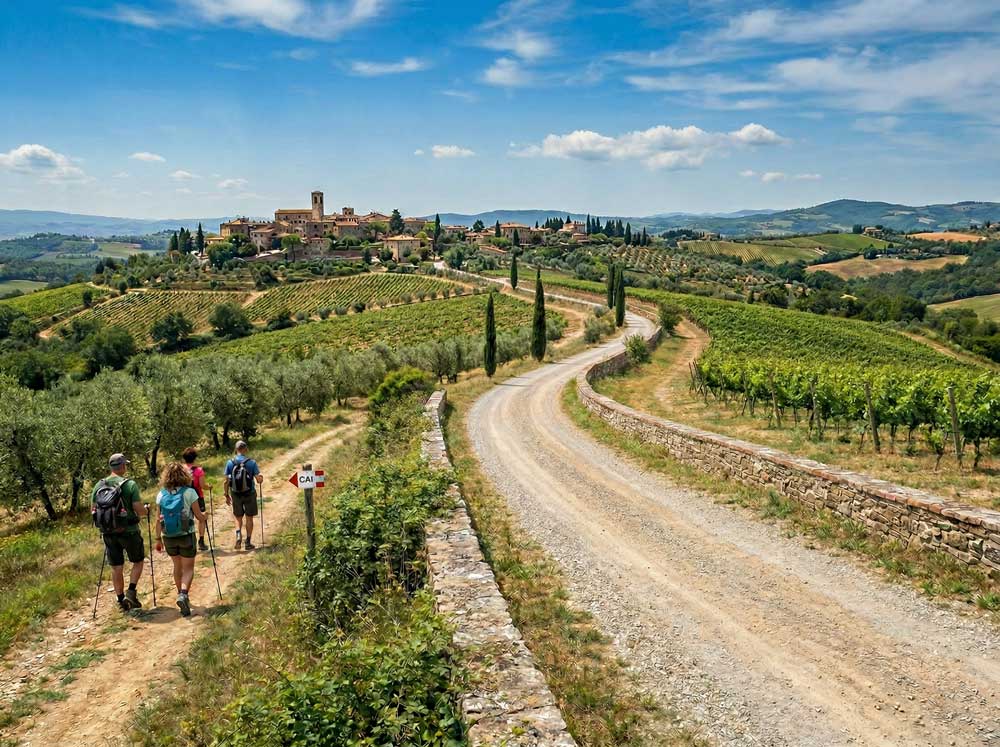 gruppo che fa trekking verso la città turrita di san gimignano