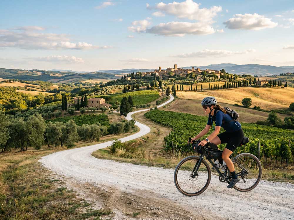 Donna in bici sul sentiero bianco che porta alla cittadina di San Gimignano